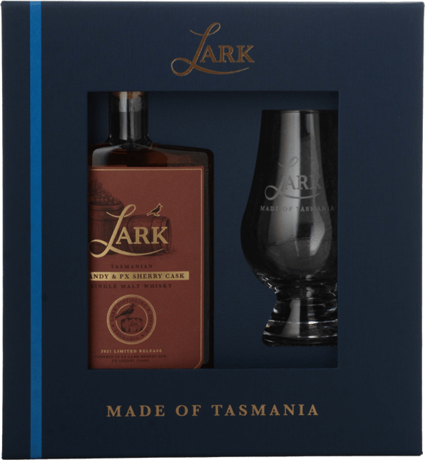 LARK DISTILLERY Brandy and PX Sherry Cask Single Malt Whisky 46% ABV Gift Pack with Glencairn Glass, Tasmania NV