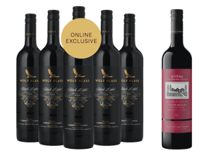 LANGTONS Wolf Blass Black Label with upgrade Wynns John Riddoch 6 pack Cabernet, South Australia MV Case